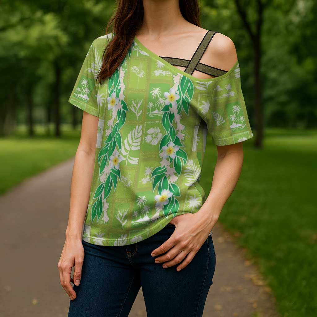 Aloha Hawaii Tuberose Lei Cross Shoulder Shirt Tropical Vibes Green Color - Polynesian Pride