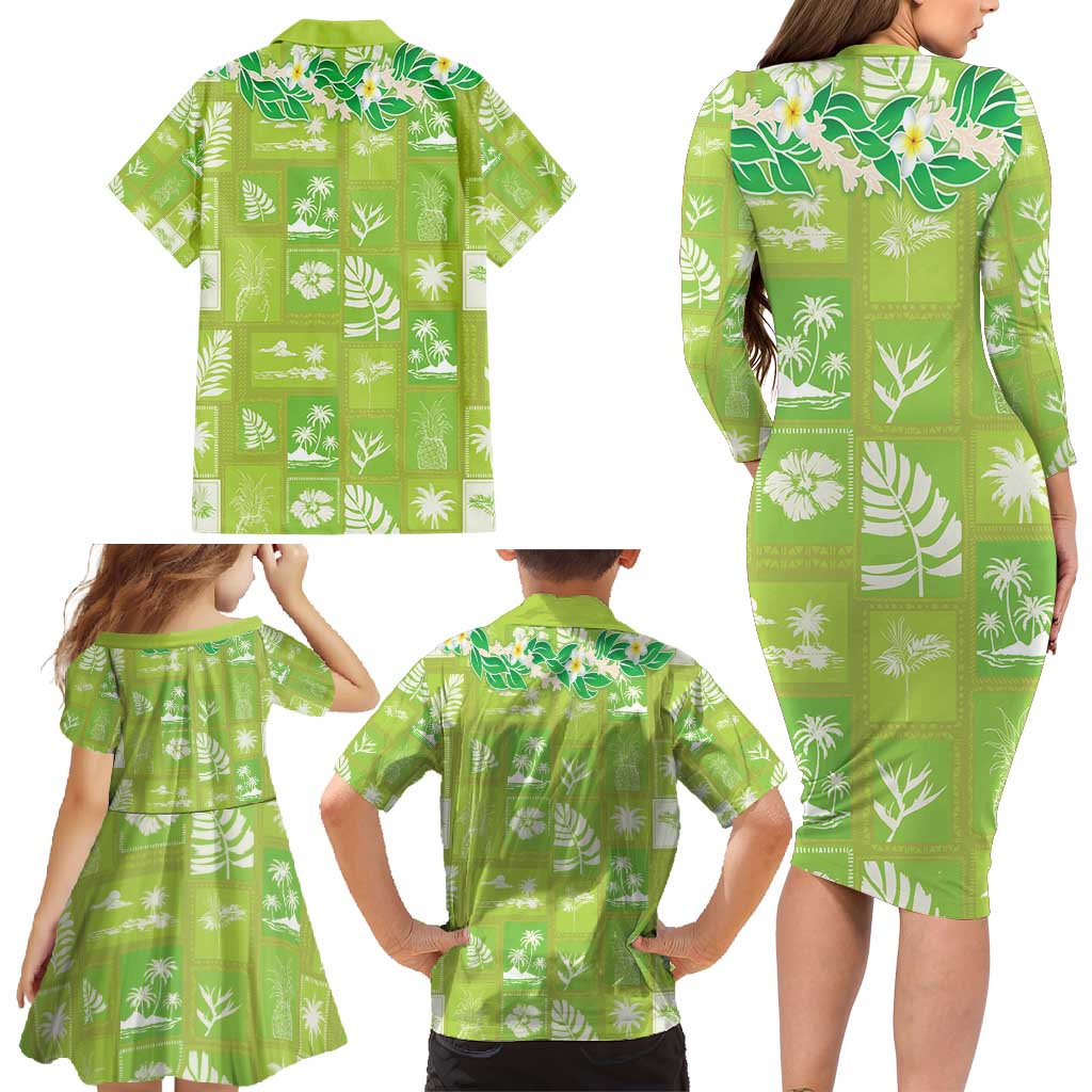 Aloha Hawaii Tuberose Lei Family Matching Long Sleeve Bodycon Dress and Hawaiian Shirt Tropical Vibes Green Color - Polynesian Pride
