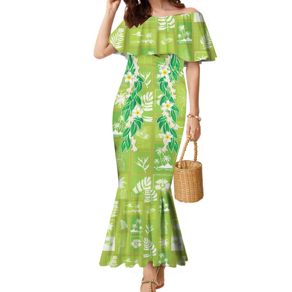 Aloha Hawaii Tuberose Lei Family Matching Mermaid Dress and Hawaiian Shirt Tropical Vibes Green Color - Polynesian Pride