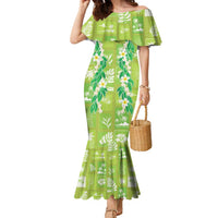 Aloha Hawaii Tuberose Lei Family Matching Mermaid Dress and Hawaiian Shirt Tropical Vibes Green Color - Polynesian Pride