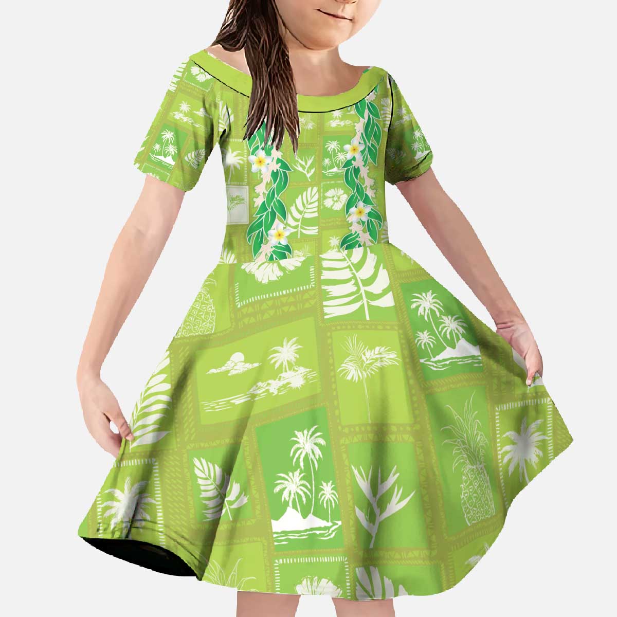 Aloha Hawaii Tuberose Lei Family Matching Off The Shoulder Long Sleeve Dress and Hawaiian Shirt Tropical Vibes Green Color - Polynesian Pride