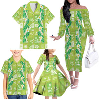 Aloha Hawaii Tuberose Lei Family Matching Off The Shoulder Long Sleeve Dress and Hawaiian Shirt Tropical Vibes Green Color - Polynesian Pride