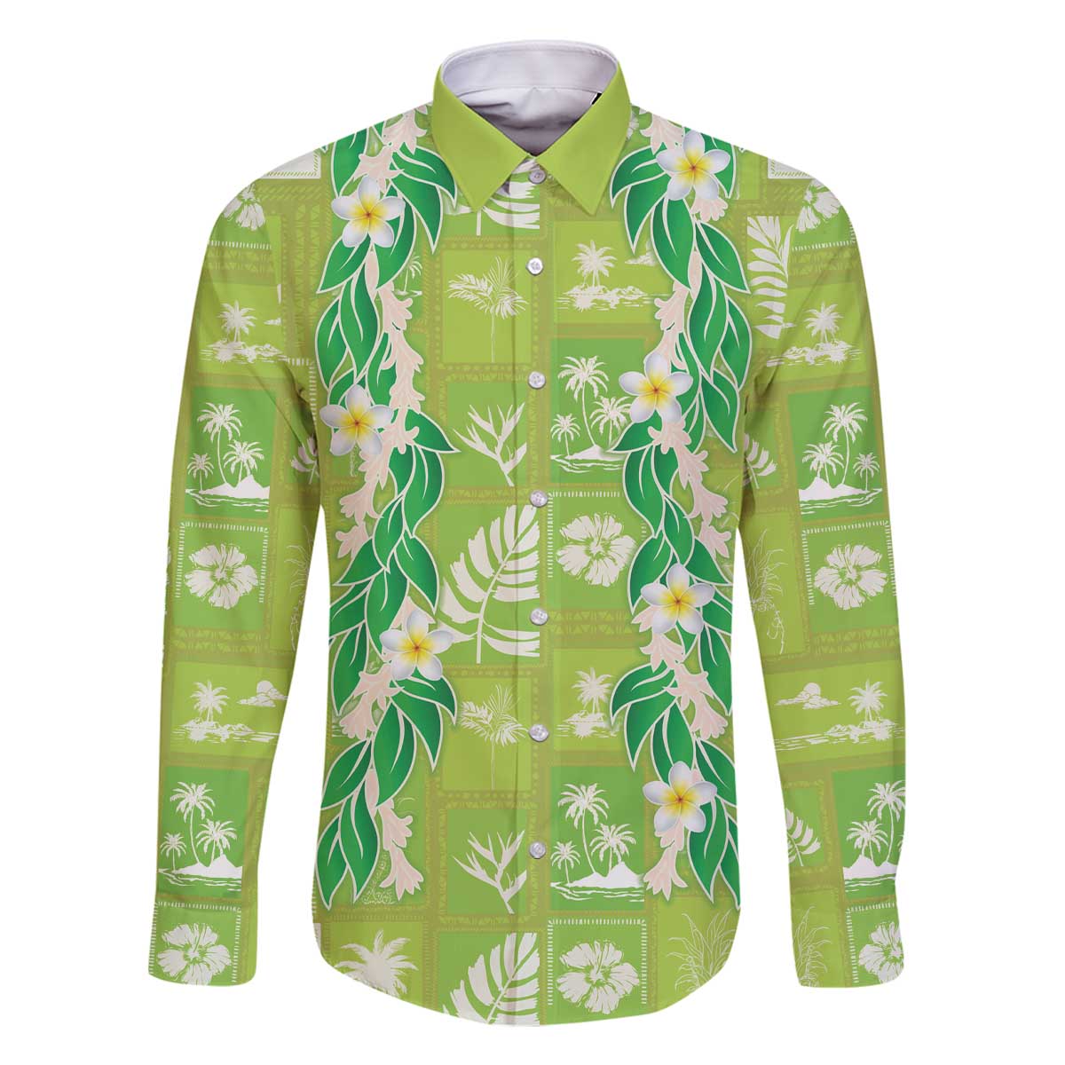 Aloha Hawaii Tuberose Lei Family Matching Off The Shoulder Long Sleeve Dress and Hawaiian Shirt Tropical Vibes Green Color - Polynesian Pride
