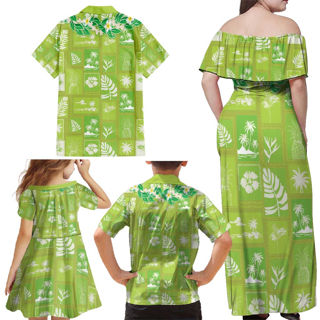 Aloha Hawaii Tuberose Lei Family Matching Off Shoulder Maxi Dress and Hawaiian Shirt Tropical Vibes Green Color - Polynesian Pride