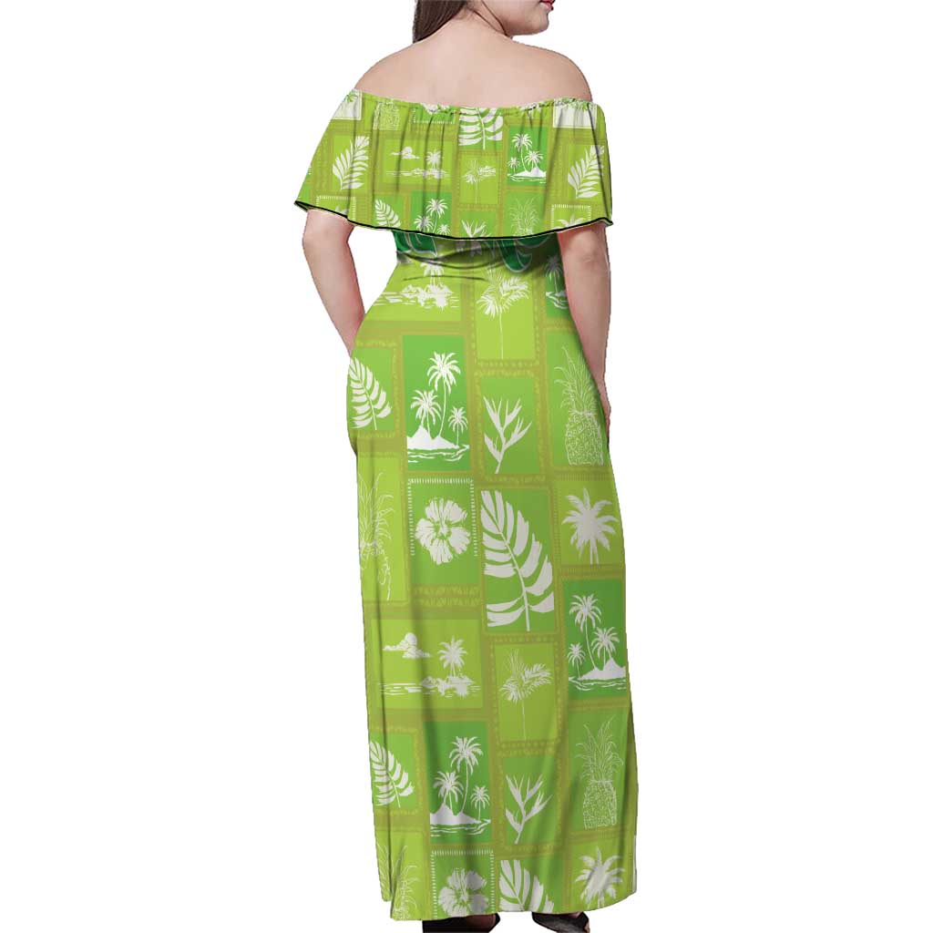 Aloha Hawaii Tuberose Lei Family Matching Off Shoulder Maxi Dress and Hawaiian Shirt Tropical Vibes Green Color - Polynesian Pride