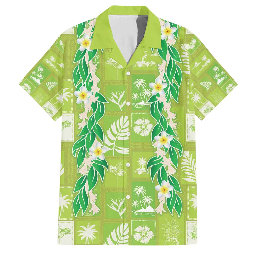 Aloha Hawaii Tuberose Lei Family Matching Off Shoulder Short Dress and Hawaiian Shirt Tropical Vibes Green Color - Polynesian Pride