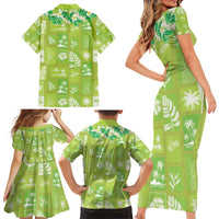 Aloha Hawaii Tuberose Lei Family Matching Short Sleeve Bodycon Dress and Hawaiian Shirt Tropical Vibes Green Color - Polynesian Pride