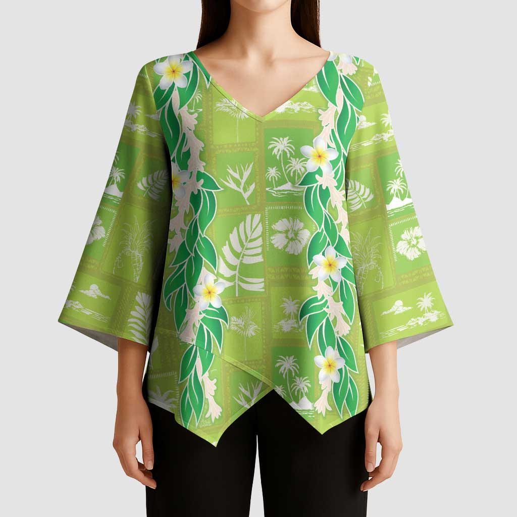 Aloha Hawaii Tuberose Lei Kimono Sleeve Blouse Tropical Vibes Green Color - Polynesian Pride