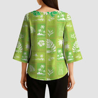 Aloha Hawaii Tuberose Lei Kimono Sleeve Blouse Tropical Vibes Green Color - Polynesian Pride