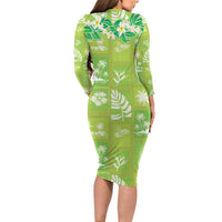 Aloha Hawaii Tuberose Lei Long Sleeve Bodycon Dress Tropical Vibes Green Color - Polynesian Pride
