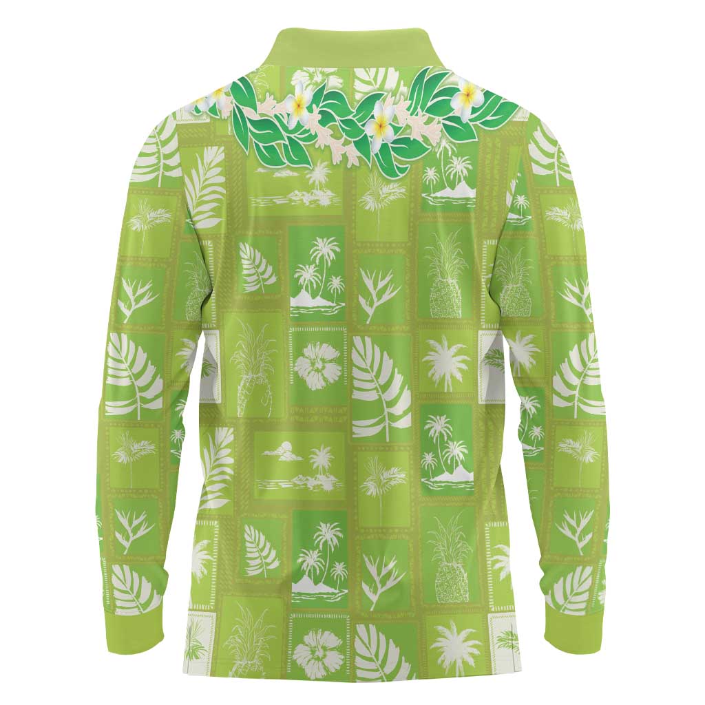 Aloha Hawaii Tuberose Lei Long Sleeve Polo Shirt Tropical Vibes Green Color - Polynesian Pride