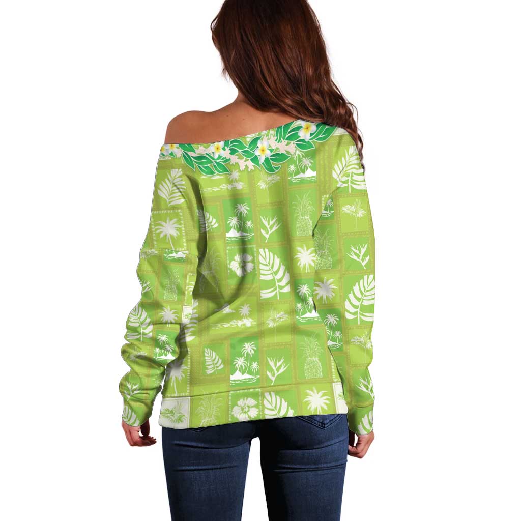 Aloha Hawaii Tuberose Lei Off Shoulder Sweater Tropical Vibes Green Color - Polynesian Pride