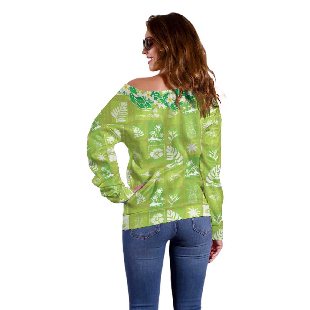 Aloha Hawaii Tuberose Lei Off Shoulder Sweater Tropical Vibes Green Color - Polynesian Pride