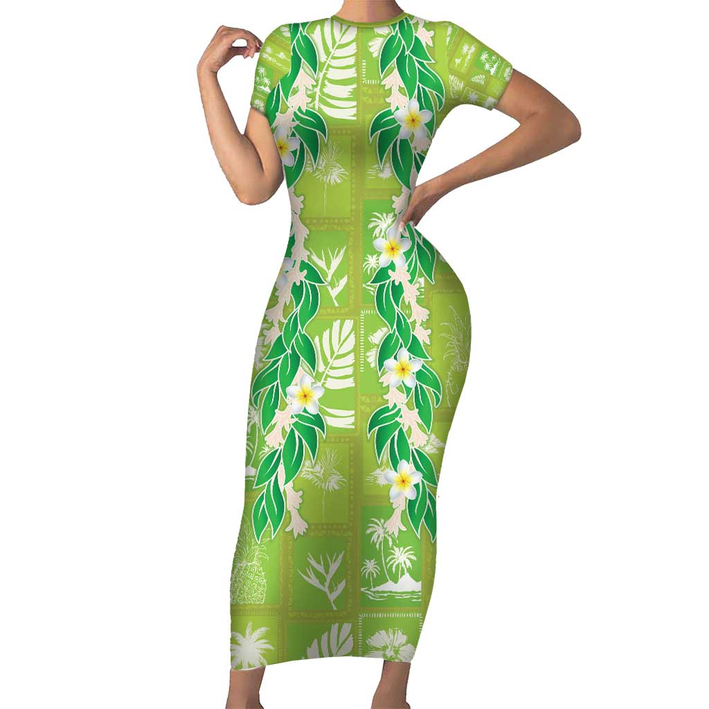Aloha Hawaii Tuberose Lei Short Sleeve Bodycon Dress Tropical Vibes Green Color - Polynesian Pride