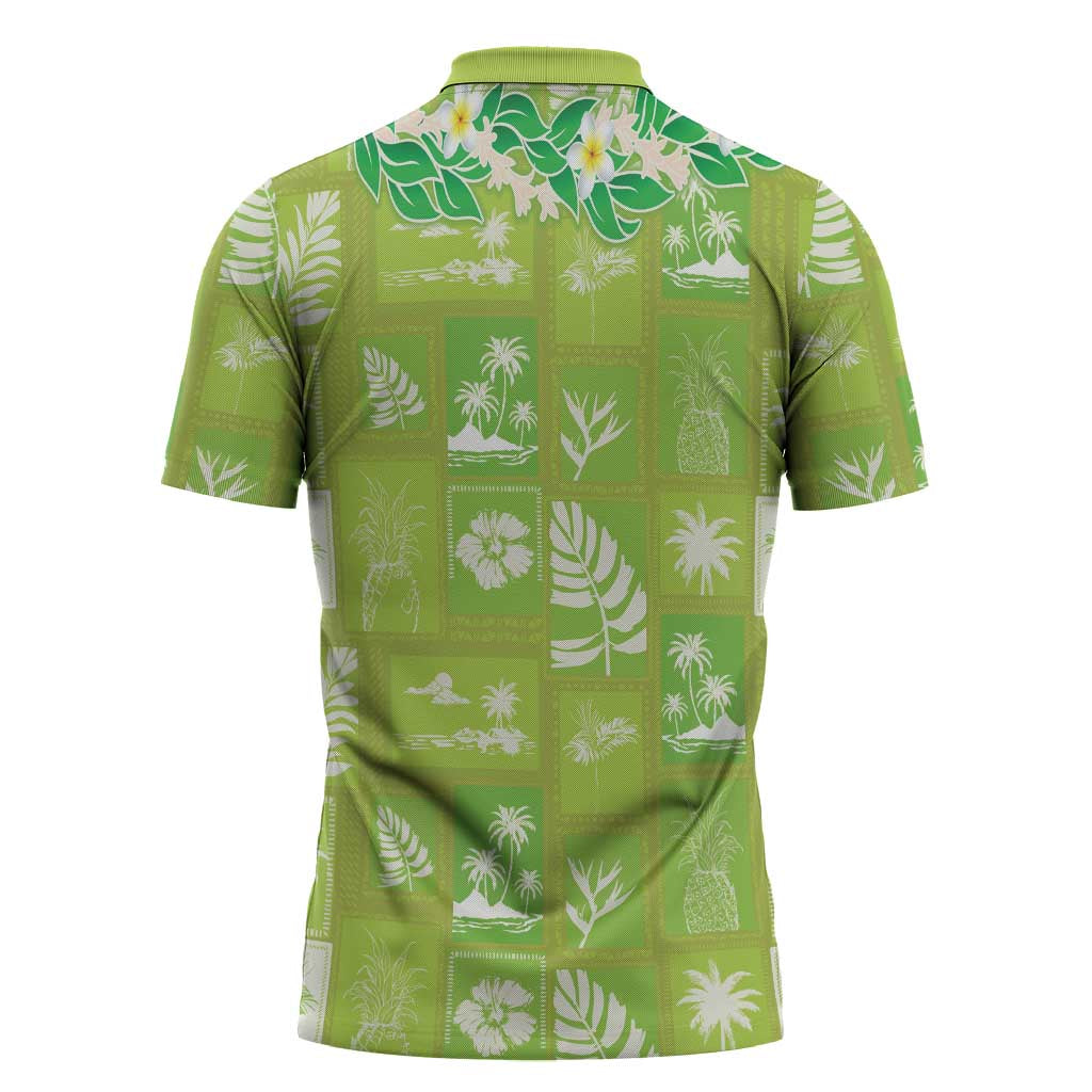 Aloha Hawaii Tuberose Lei Zipper Polo Shirt Tropical Vibes Green Color - Polynesian Pride