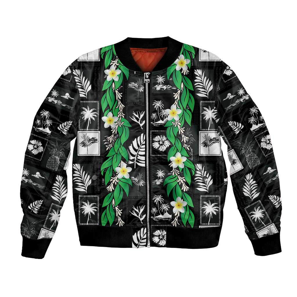 Aloha Hawaii Tuberose Lei Bomber Jacket Tropical Vibes Black Color - Polynesian Pride