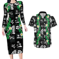 Aloha Hawaii Tuberose Lei Couples Matching Long Sleeve Bodycon Dress and Hawaiian Shirt Tropical Vibes Black Color - Polynesian Pride