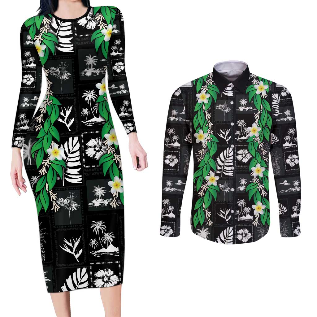 Aloha Hawaii Tuberose Lei Couples Matching Long Sleeve Bodycon Dress and Long Sleeve Button Shirt Tropical Vibes Black Color - Polynesian Pride