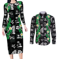 Aloha Hawaii Tuberose Lei Couples Matching Long Sleeve Bodycon Dress and Long Sleeve Button Shirt Tropical Vibes Black Color - Polynesian Pride
