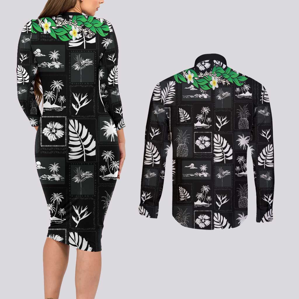 Aloha Hawaii Tuberose Lei Couples Matching Long Sleeve Bodycon Dress and Long Sleeve Button Shirt Tropical Vibes Black Color - Polynesian Pride