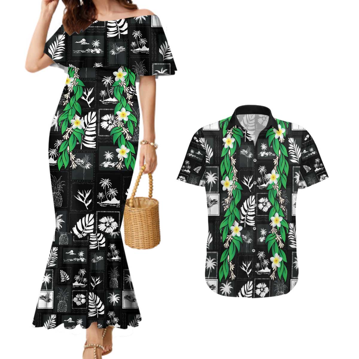 Aloha Hawaii Tuberose Lei Couples Matching Mermaid Dress and Hawaiian Shirt Tropical Vibes Black Color - Polynesian Pride