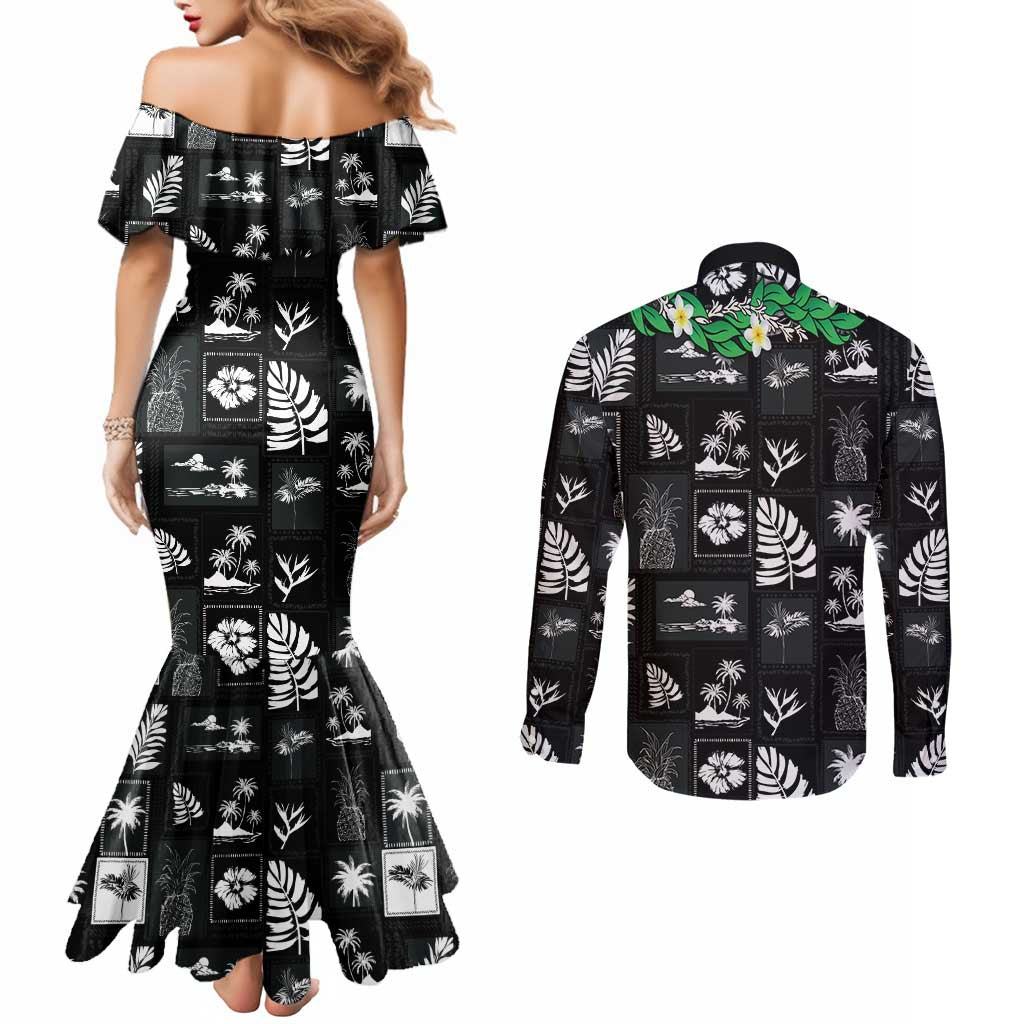 Aloha Hawaii Tuberose Lei Couples Matching Mermaid Dress and Long Sleeve Button Shirt Tropical Vibes Black Color - Polynesian Pride
