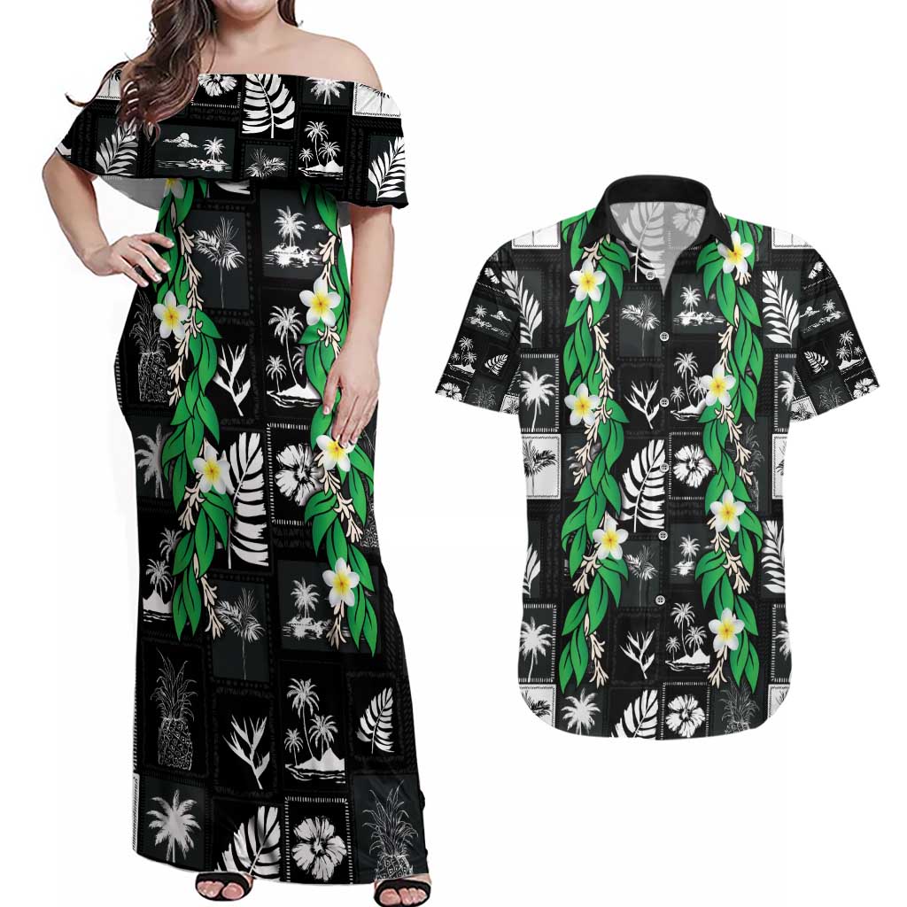 Aloha Hawaii Tuberose Lei Couples Matching Off Shoulder Maxi Dress and Hawaiian Shirt Tropical Vibes Black Color - Polynesian Pride