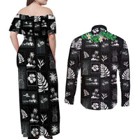 Aloha Hawaii Tuberose Lei Couples Matching Off Shoulder Maxi Dress and Long Sleeve Button Shirt Tropical Vibes Black Color - Polynesian Pride