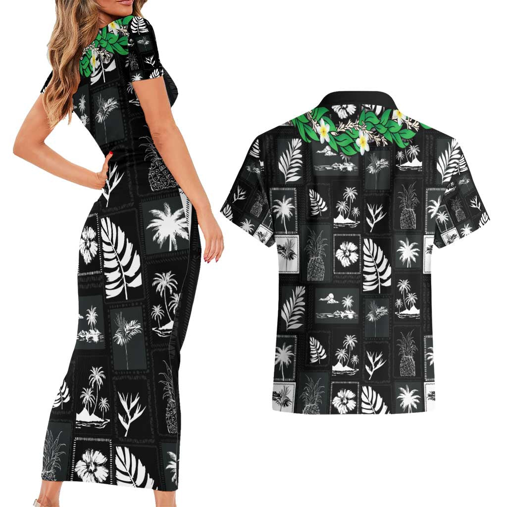 Aloha Hawaii Tuberose Lei Couples Matching Short Sleeve Bodycon Dress and Hawaiian Shirt Tropical Vibes Black Color - Polynesian Pride