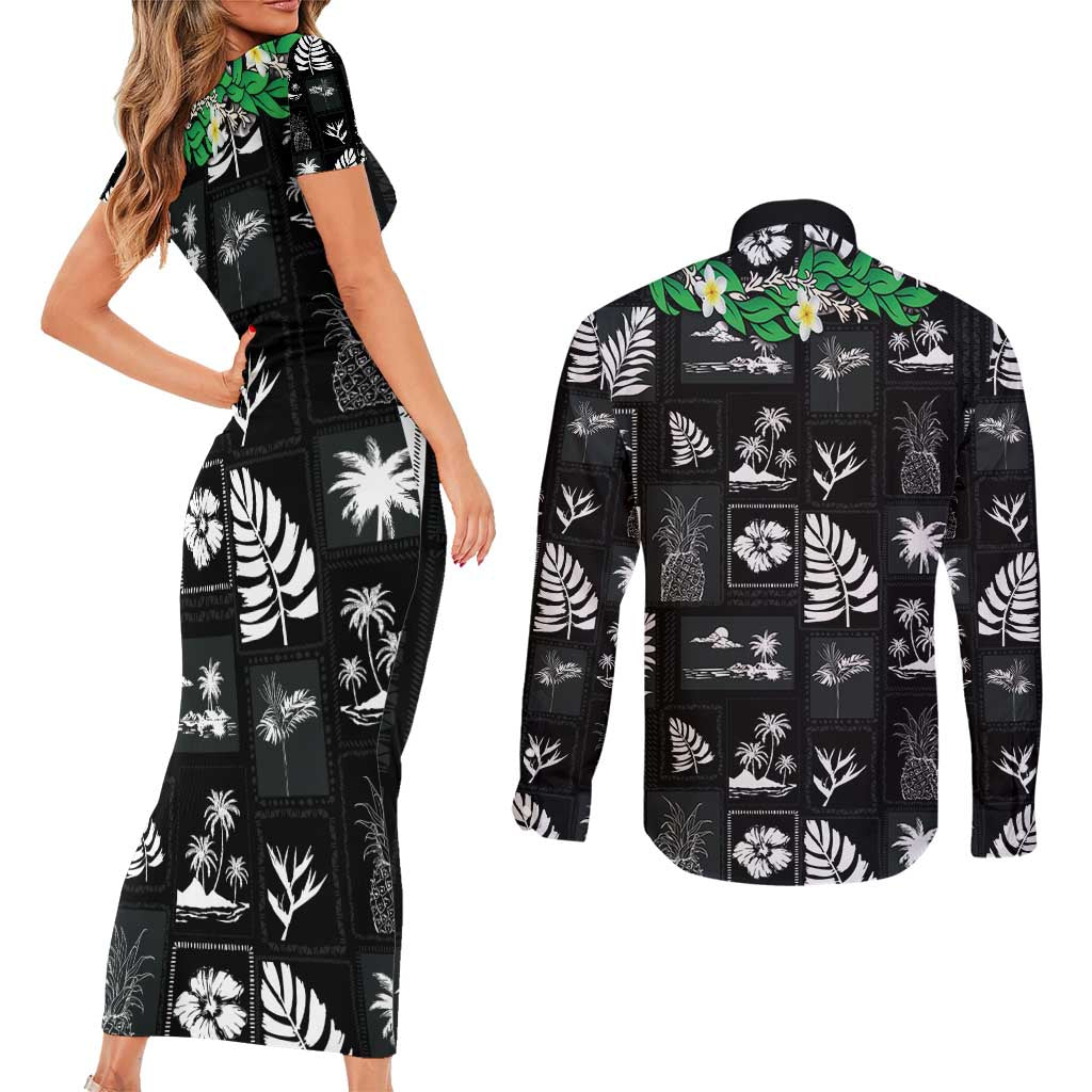 Aloha Hawaii Tuberose Lei Couples Matching Short Sleeve Bodycon Dress and Long Sleeve Button Shirt Tropical Vibes Black Color - Polynesian Pride