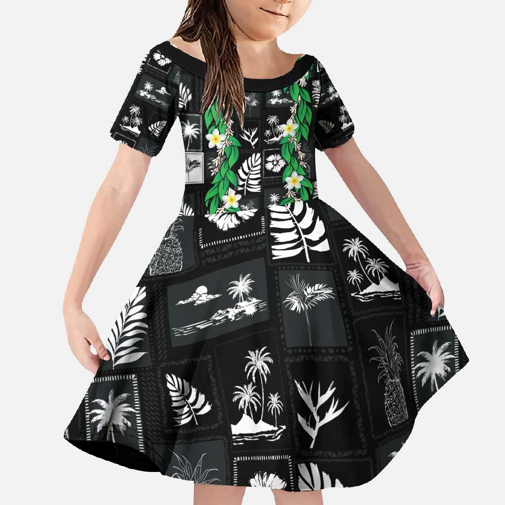 Aloha Hawaii Tuberose Lei Family Matching Long Sleeve Bodycon Dress and Hawaiian Shirt Tropical Vibes Black Color - Polynesian Pride