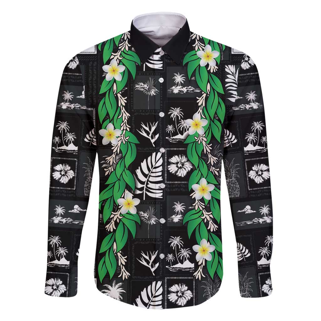 Aloha Hawaii Tuberose Lei Family Matching Long Sleeve Bodycon Dress and Hawaiian Shirt Tropical Vibes Black Color - Polynesian Pride