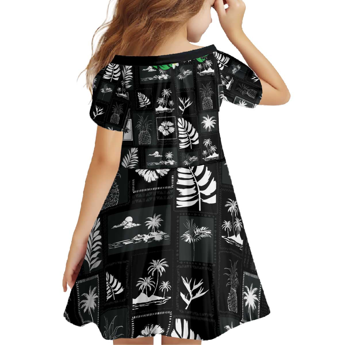 Aloha Hawaii Tuberose Lei Family Matching Off The Shoulder Long Sleeve Dress and Hawaiian Shirt Tropical Vibes Black Color - Polynesian Pride