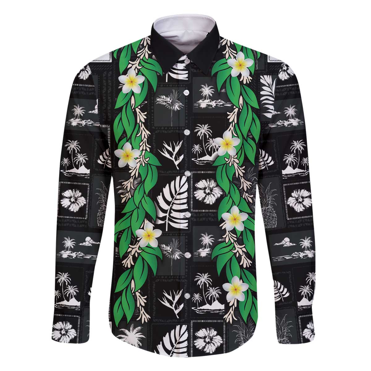 Aloha Hawaii Tuberose Lei Family Matching Off The Shoulder Long Sleeve Dress and Hawaiian Shirt Tropical Vibes Black Color - Polynesian Pride