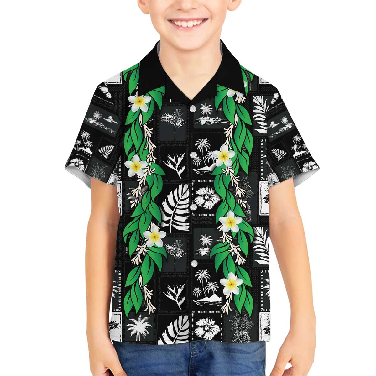 Aloha Hawaii Tuberose Lei Family Matching Off The Shoulder Long Sleeve Dress and Hawaiian Shirt Tropical Vibes Black Color - Polynesian Pride