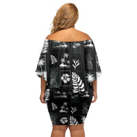 Aloha Hawaii Tuberose Lei Family Matching Off Shoulder Short Dress and Hawaiian Shirt Tropical Vibes Black Color - Polynesian Pride