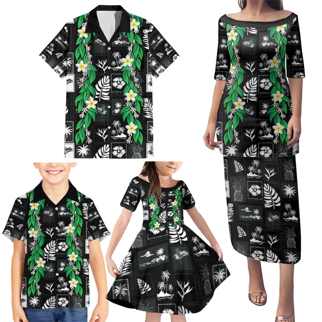 Aloha Hawaii Tuberose Lei Family Matching Puletasi and Hawaiian Shirt Tropical Vibes Black Color - Polynesian Pride