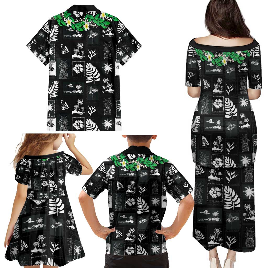 Aloha Hawaii Tuberose Lei Family Matching Puletasi and Hawaiian Shirt Tropical Vibes Black Color - Polynesian Pride