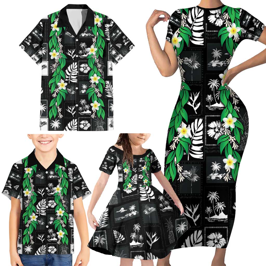 Aloha Hawaii Tuberose Lei Family Matching Short Sleeve Bodycon Dress and Hawaiian Shirt Tropical Vibes Black Color - Polynesian Pride