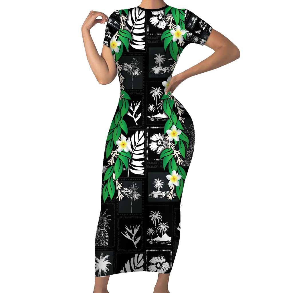Aloha Hawaii Tuberose Lei Family Matching Short Sleeve Bodycon Dress and Hawaiian Shirt Tropical Vibes Black Color - Polynesian Pride