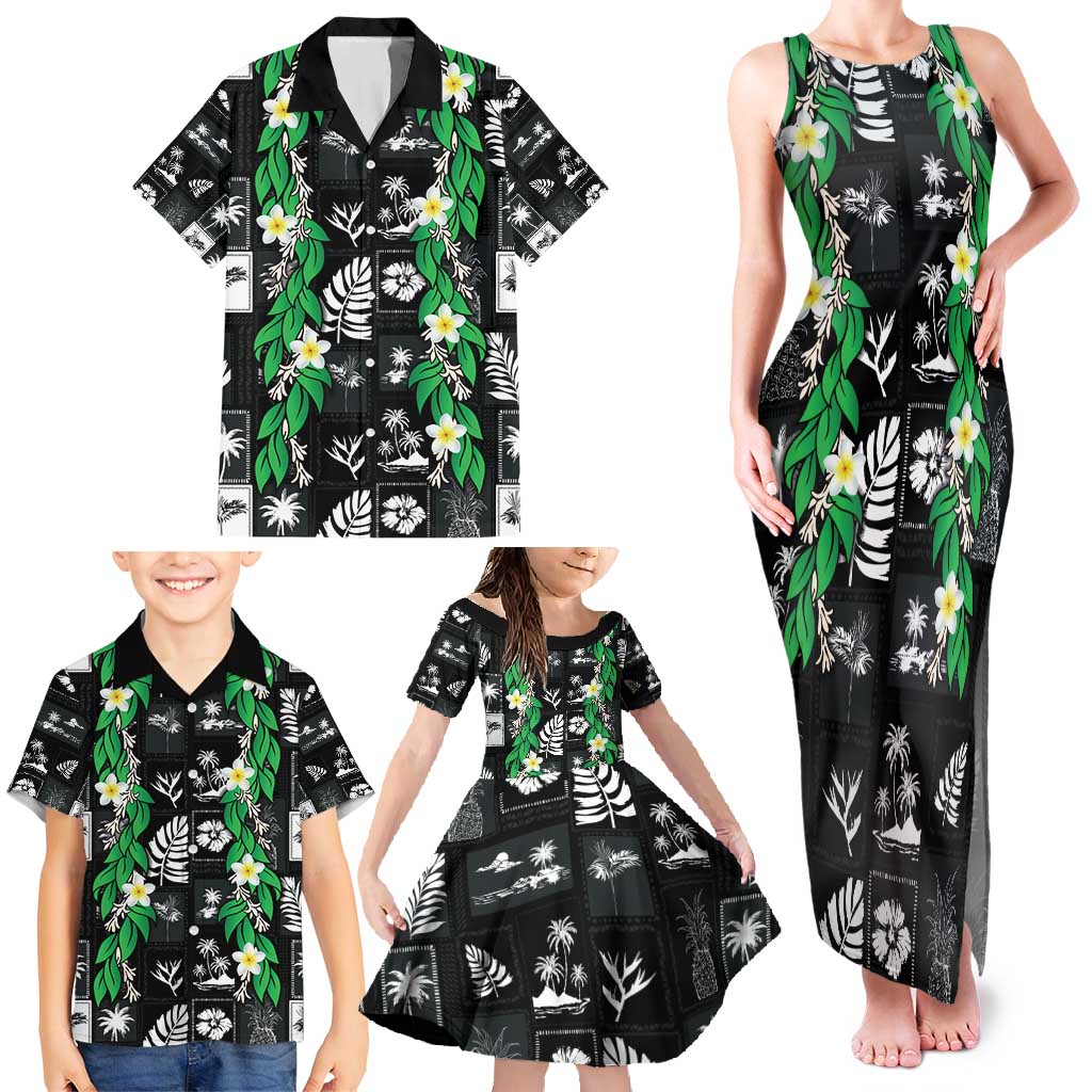 Aloha Hawaii Tuberose Lei Family Matching Tank Maxi Dress and Hawaiian Shirt Tropical Vibes Black Color - Polynesian Pride