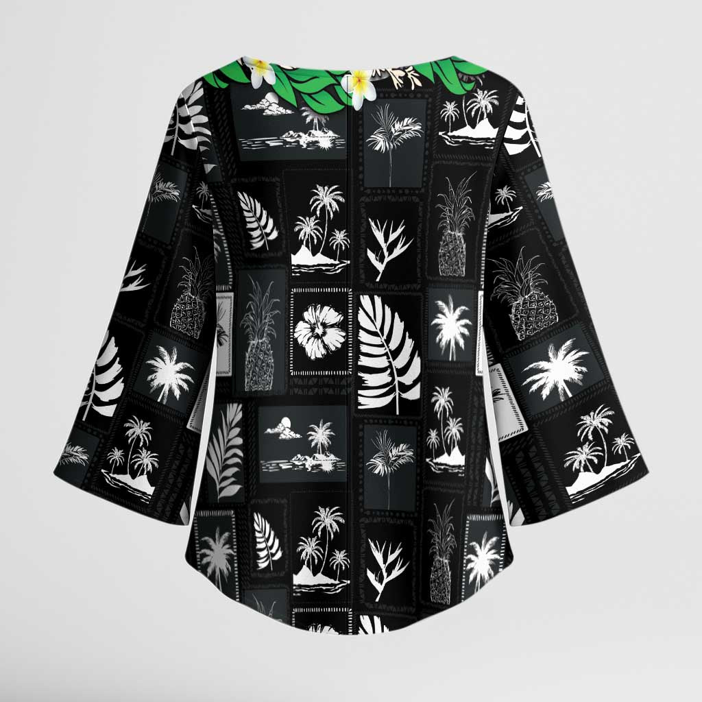 Aloha Hawaii Tuberose Lei Kimono Sleeve Blouse Tropical Vibes Black Color - Polynesian Pride