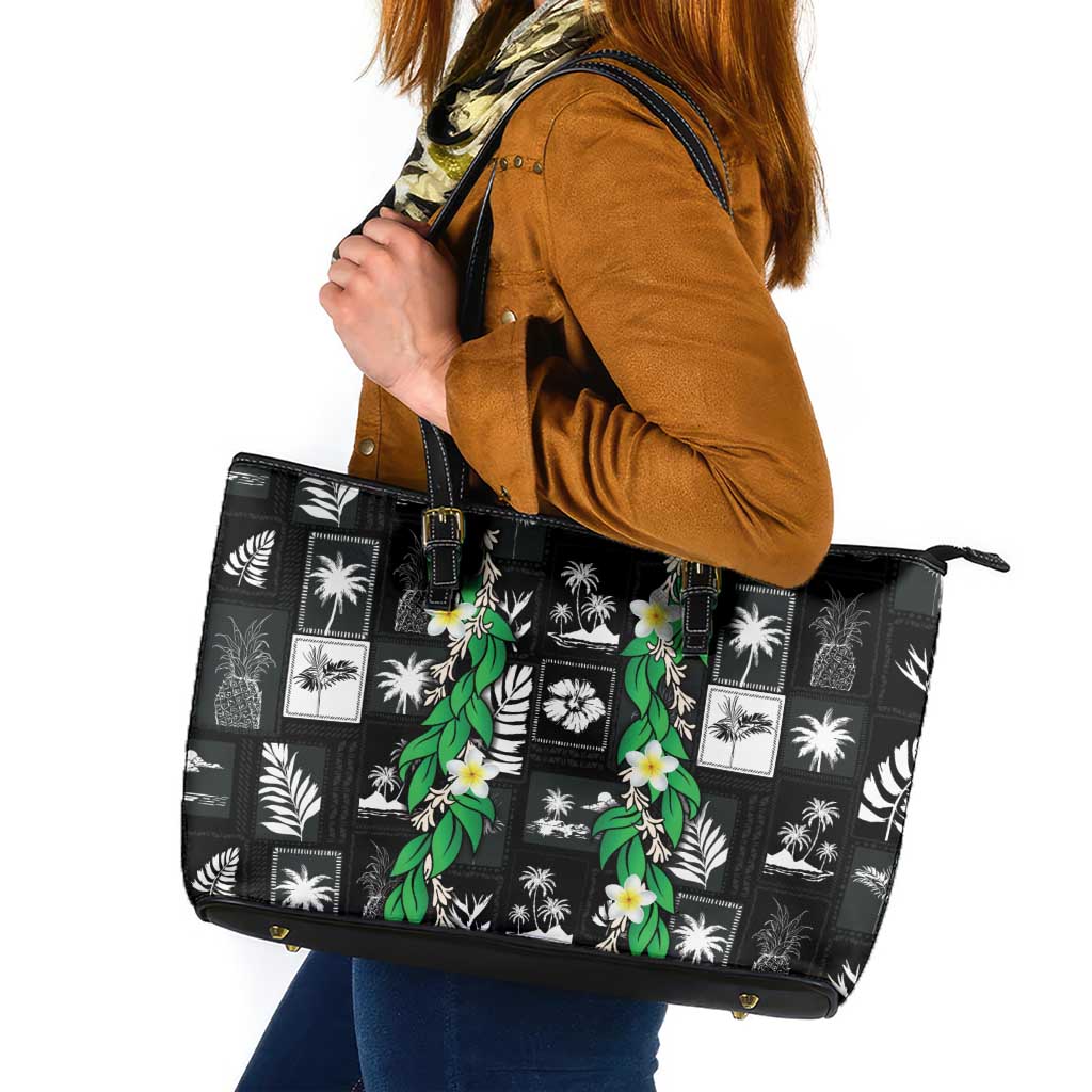 Aloha Hawaii Tuberose Lei Leather Tote Bag Tropical Vibes Black Color - Polynesian Pride
