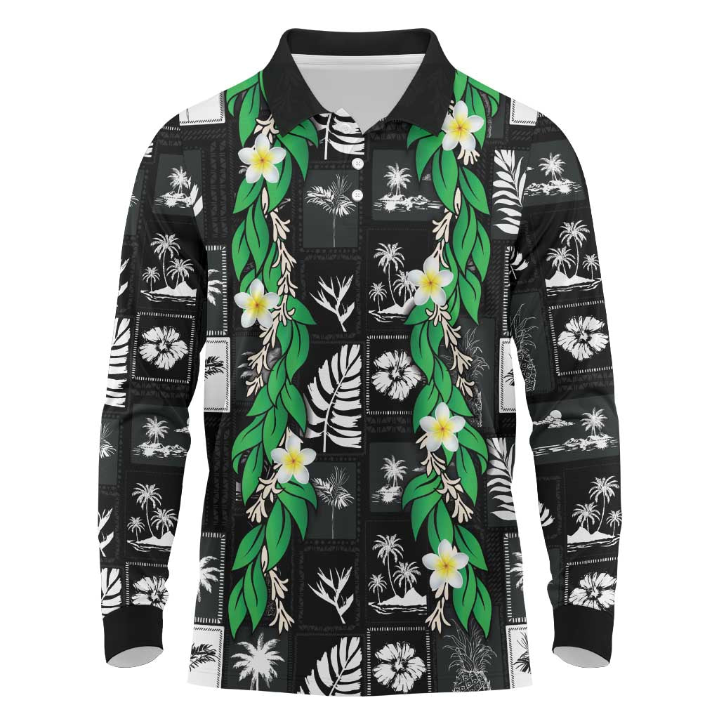 Aloha Hawaii Tuberose Lei Long Sleeve Polo Shirt Tropical Vibes Black Color - Polynesian Pride