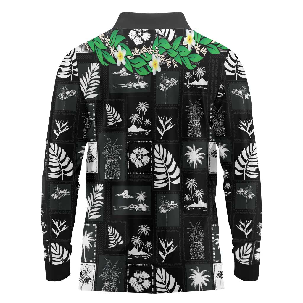 Aloha Hawaii Tuberose Lei Long Sleeve Polo Shirt Tropical Vibes Black Color - Polynesian Pride