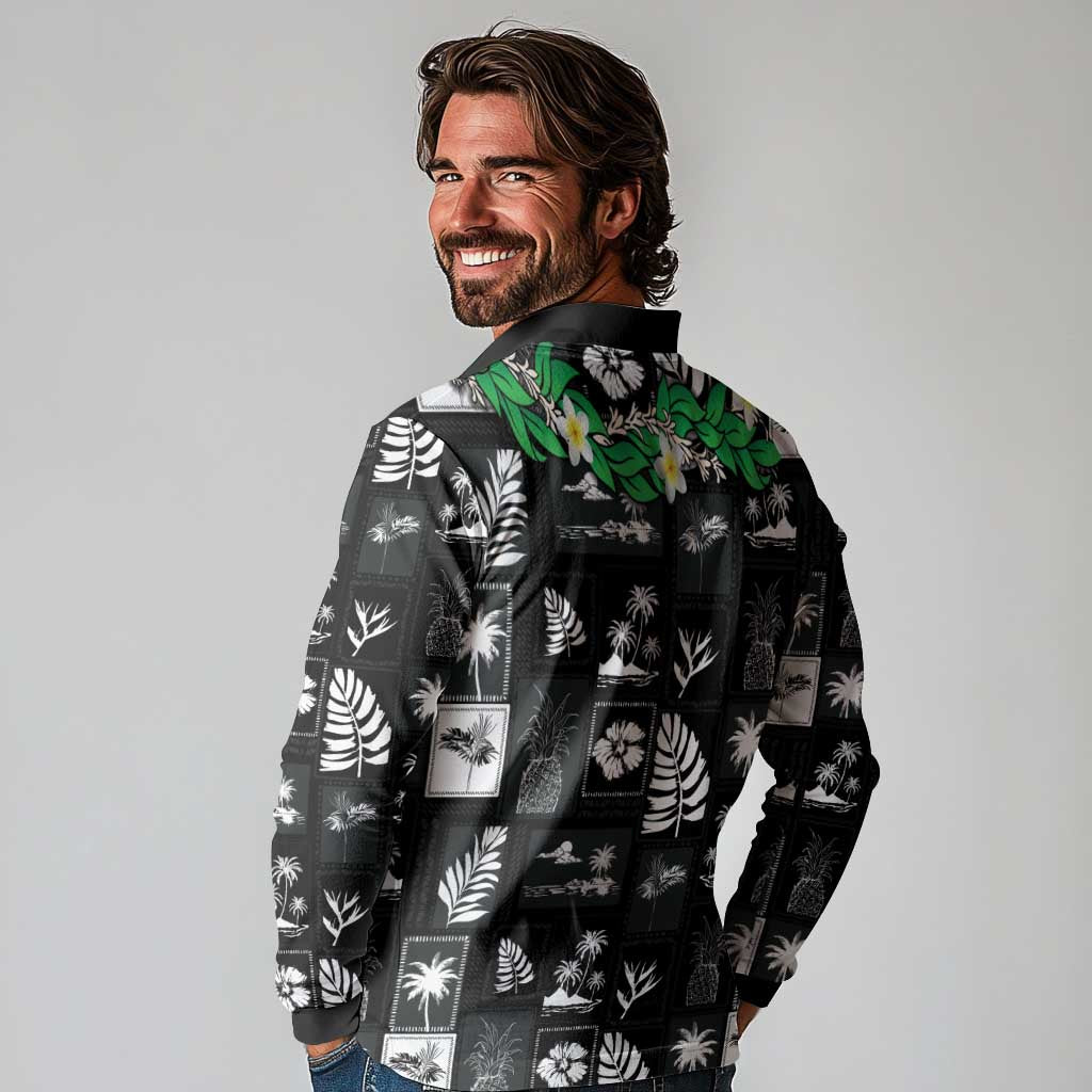 Aloha Hawaii Tuberose Lei Long Sleeve Polo Shirt Tropical Vibes Black Color - Polynesian Pride