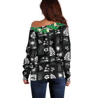 Aloha Hawaii Tuberose Lei Off Shoulder Sweater Tropical Vibes Black Color - Polynesian Pride