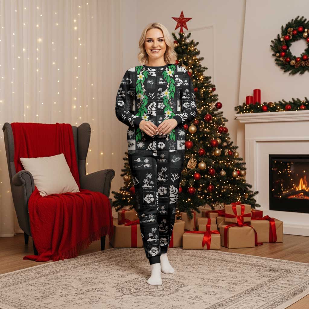 Aloha Hawaii Tuberose Lei Christmas Pajama Set Tropical Vibes Black Color - Polynesian Pride