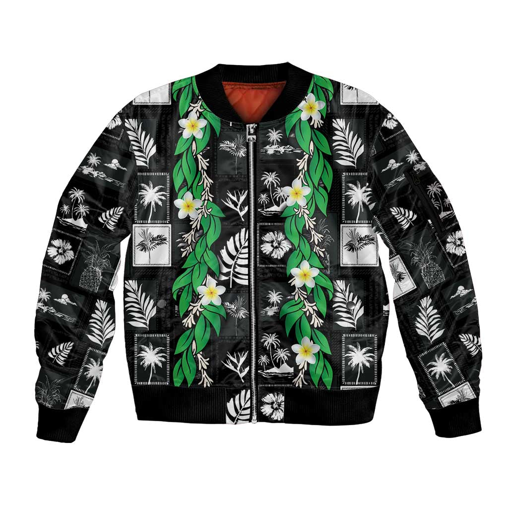 Aloha Hawaii Tuberose Lei Sleeve Zip Bomber Jacket Tropical Vibes Black Color - Polynesian Pride
