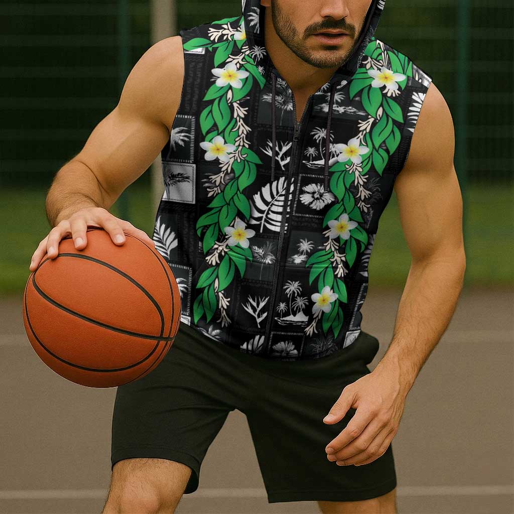 Aloha Hawaii Tuberose Lei Sleeveless Zip Hoodie Tropical Vibes Black Color LT14